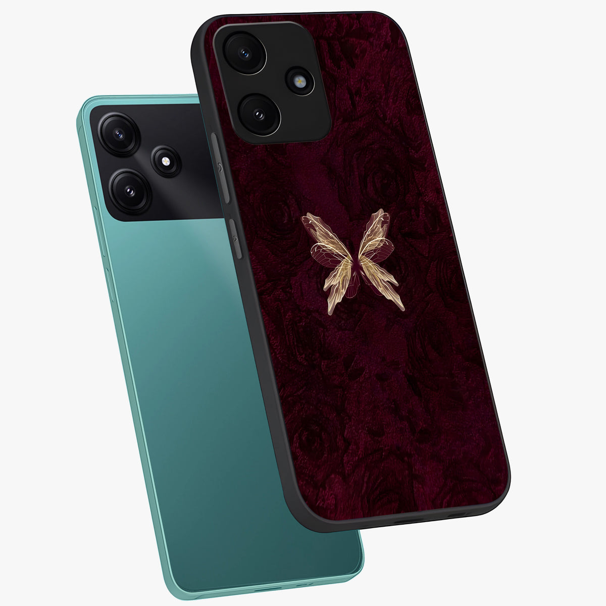 Crimson Fade Butterfly Glass Case displayed in angled mockup highlighting elegant butterfly design with crimson gradient aesthetic.
