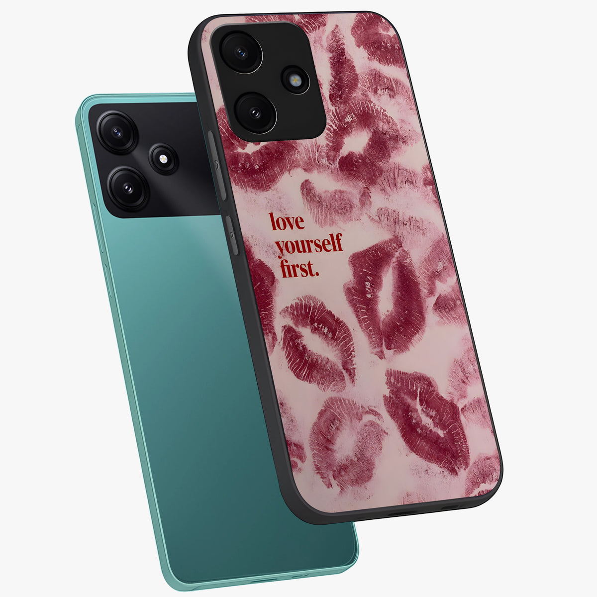 Crimson Kiss Love Glass Case displayed in angled mockup highlighting bold love inspired design with modern aesthetic style.