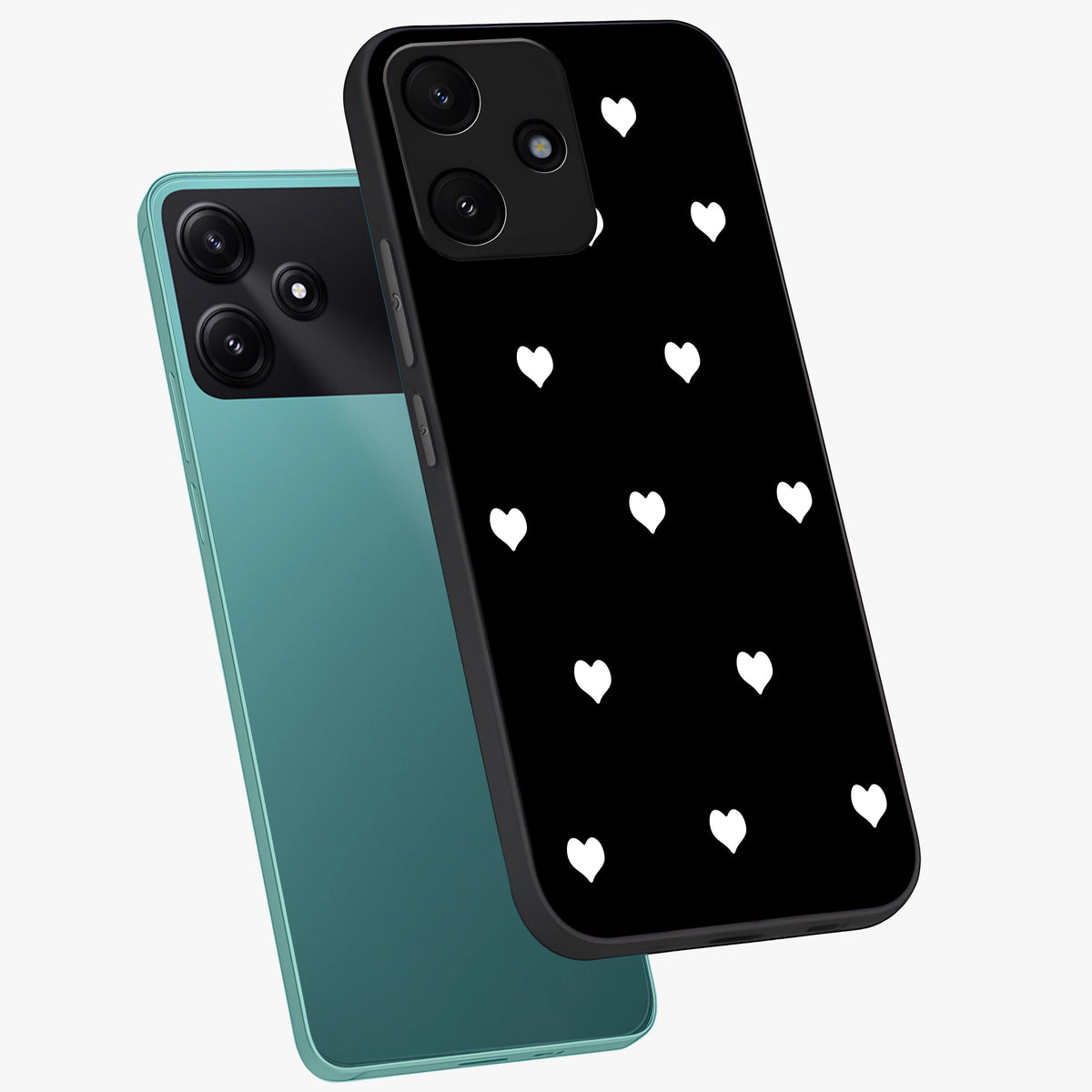 Cute And Simple White Hearts Glass Case displayed in angled mockup highlighting cute heart design with clean aesthetic style.