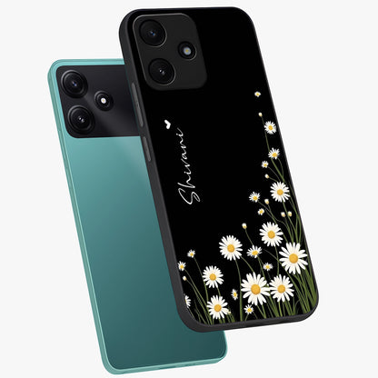 Daisy Cascade Custom Name Glass Case displayed in angled mockup highlighting delicate daisy artwork with custom name feature.