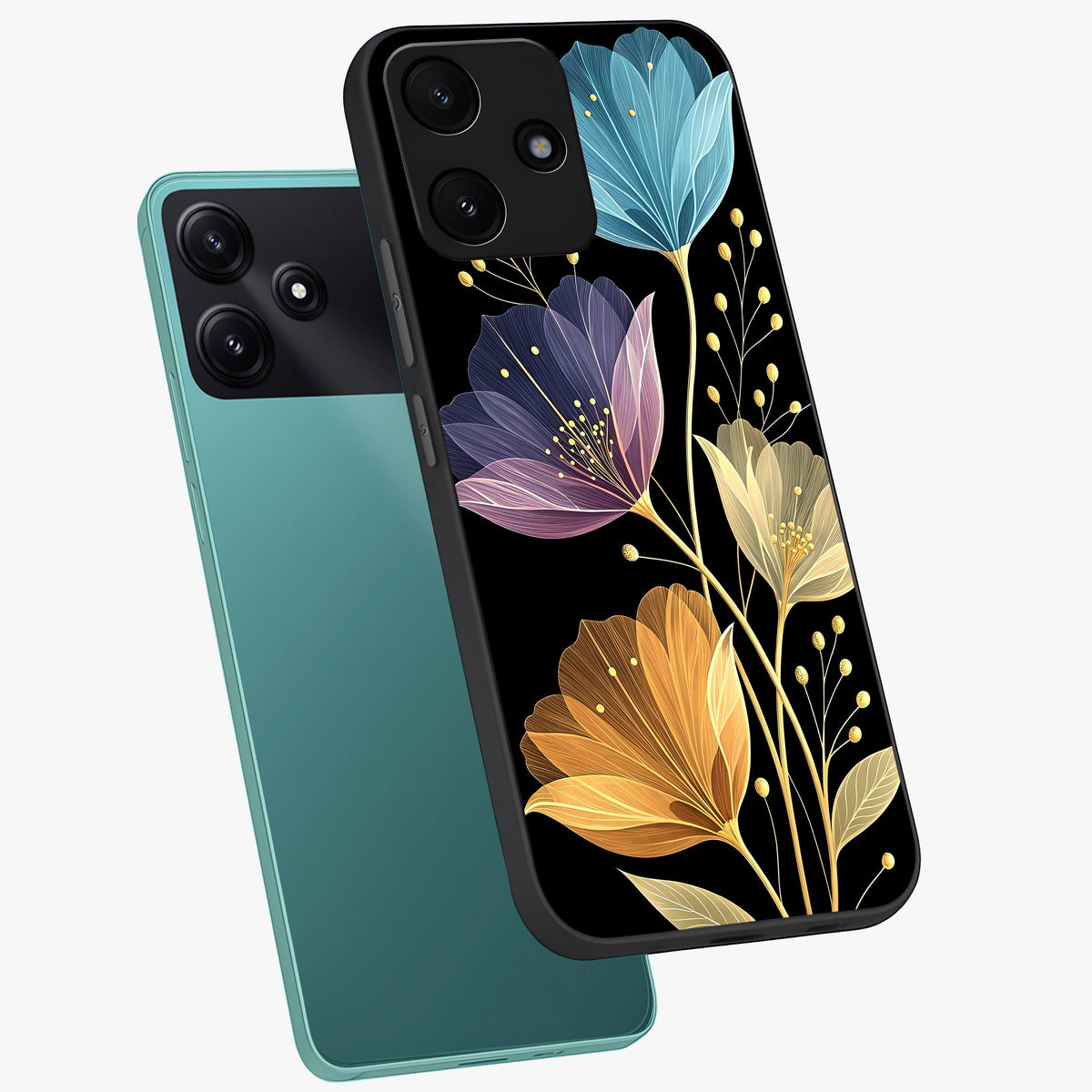 Delicate Multicolor Flowers Glass Case displayed in angled mockup highlighting colorful flower pattern with soft aesthetic style.