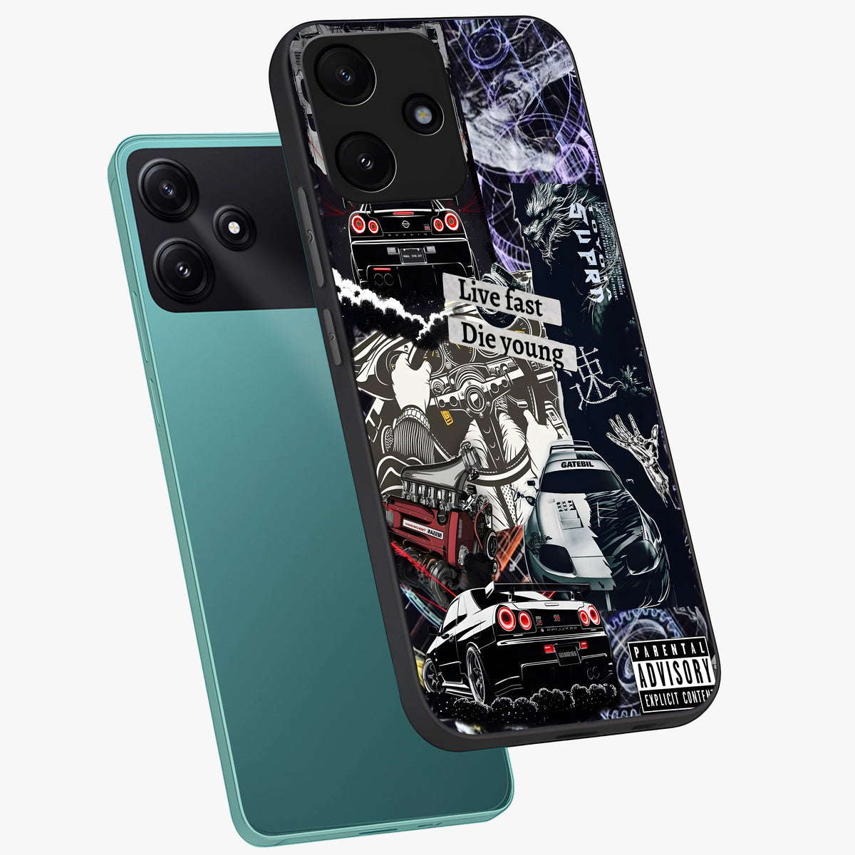 Die Young Glass Case displayed in angled mockup highlighting expressive graphic artwork with edgy aesthetic style.