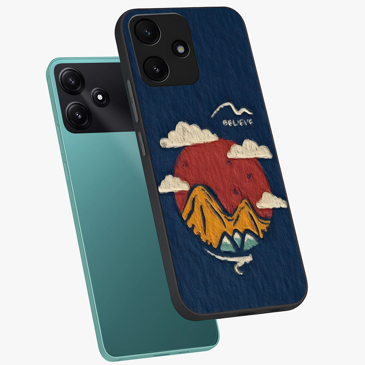 Dream Beyond Mountains Glass Case displayed in angled mockup highlighting dreamy mountain illustration with peaceful aesthetic.