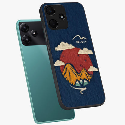 Dream Beyond Mountains Glass Case displayed in angled mockup highlighting dreamy mountain illustration with peaceful aesthetic.