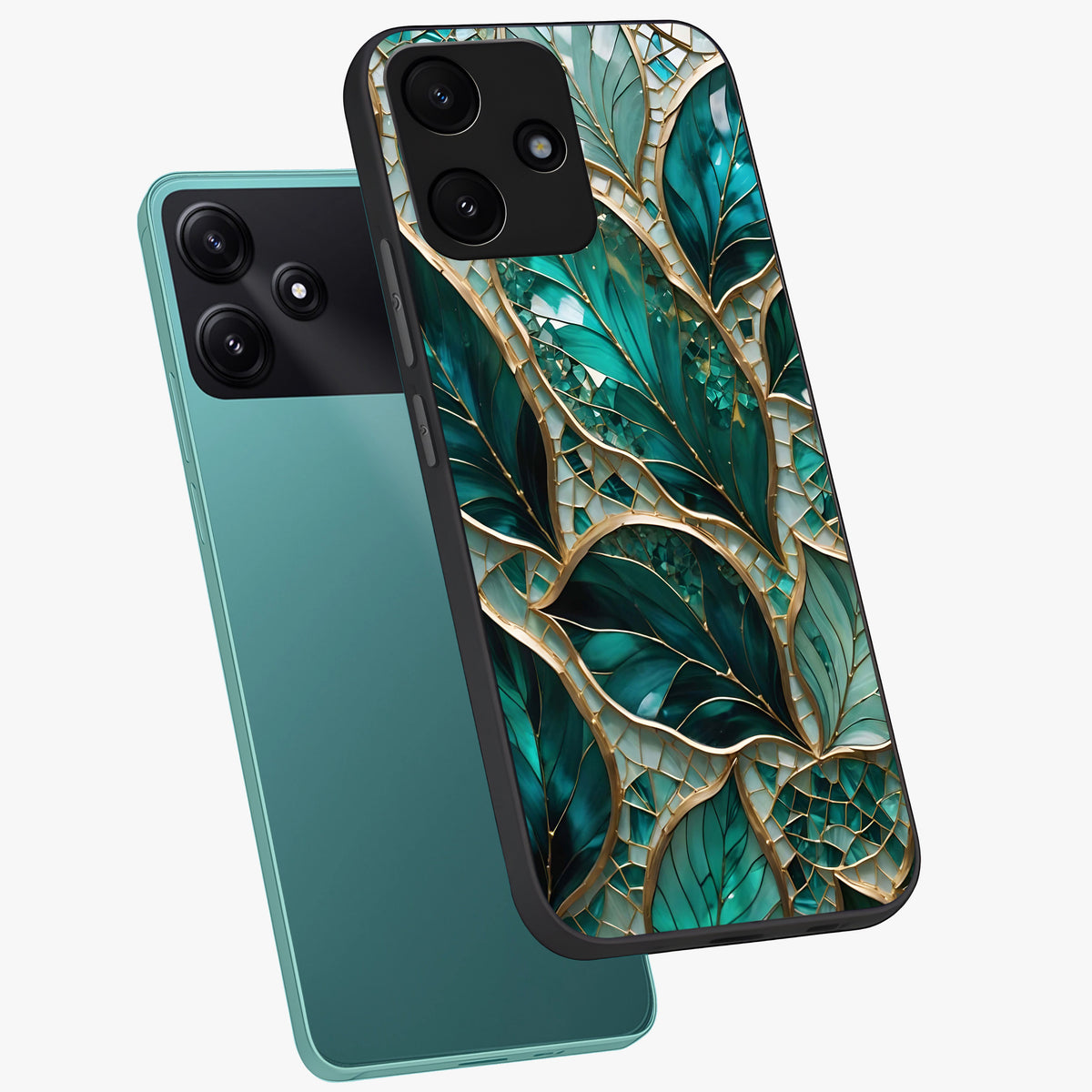 Emerald Leaf Glass Glass Case displayed in angled mockup highlighting botanical leaf illustration with elegant natural aesthetic.