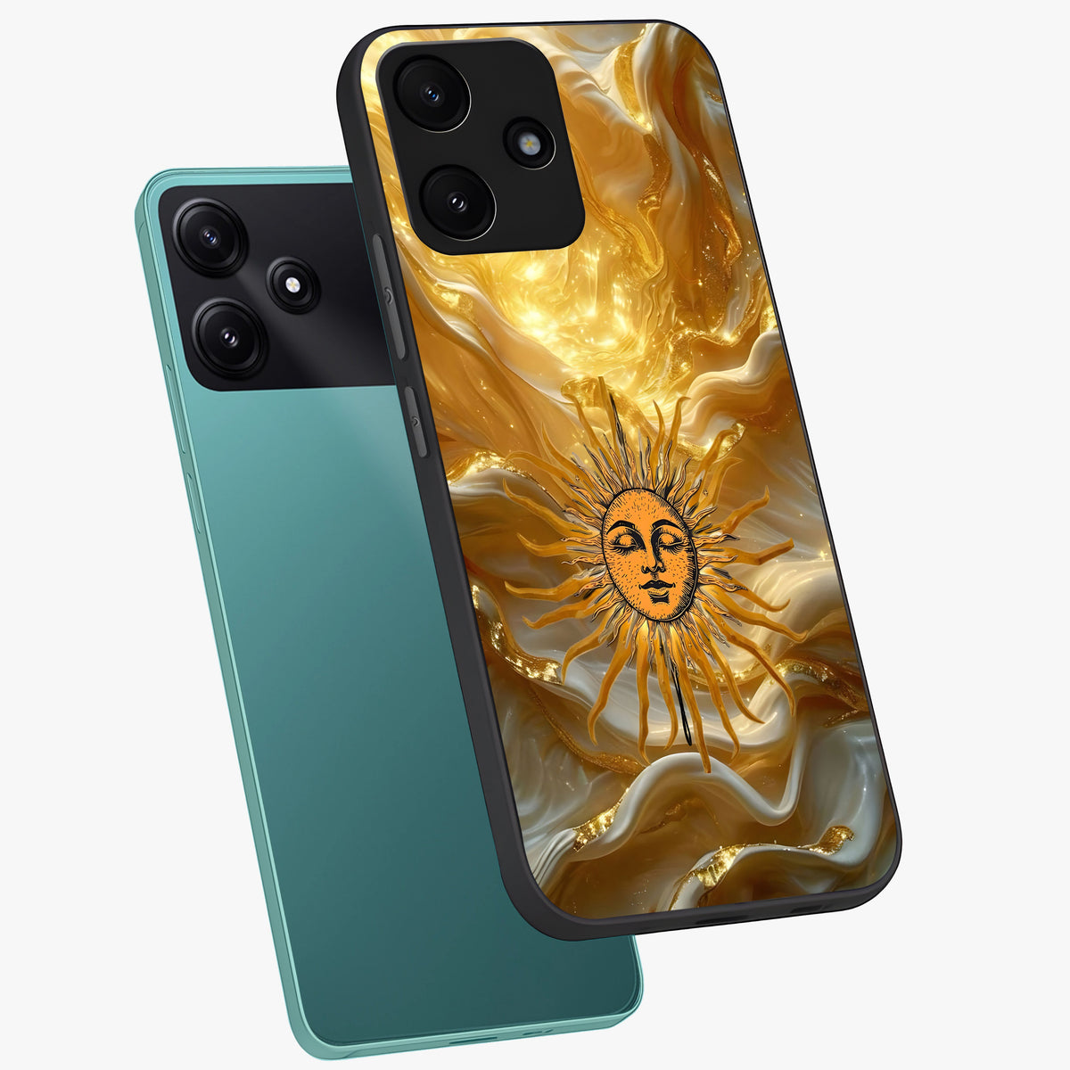 Eternal Golden Glow Glass Case displayed in angled mockup highlighting glowing golden aesthetic design with elegant style.