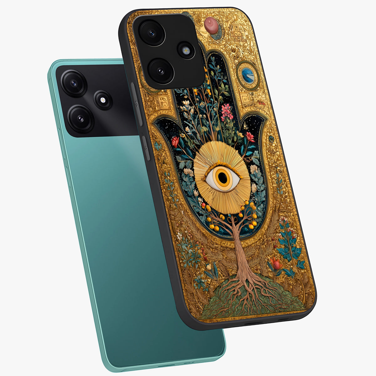 Ethereal Evil Eye Glass Case displayed in angled mockup highlighting protective evil eye symbol with spiritual aesthetic design.