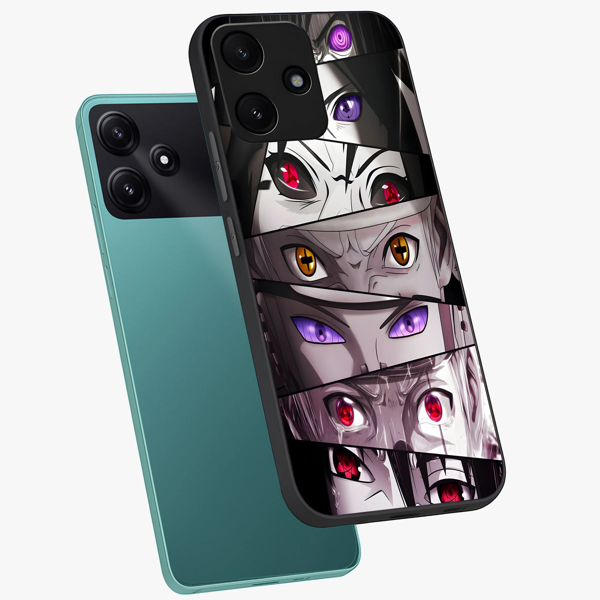 Eyes of Destiny Glass Case displayed in angled mockup highlighting bold eye illustration with mystical aesthetic style.