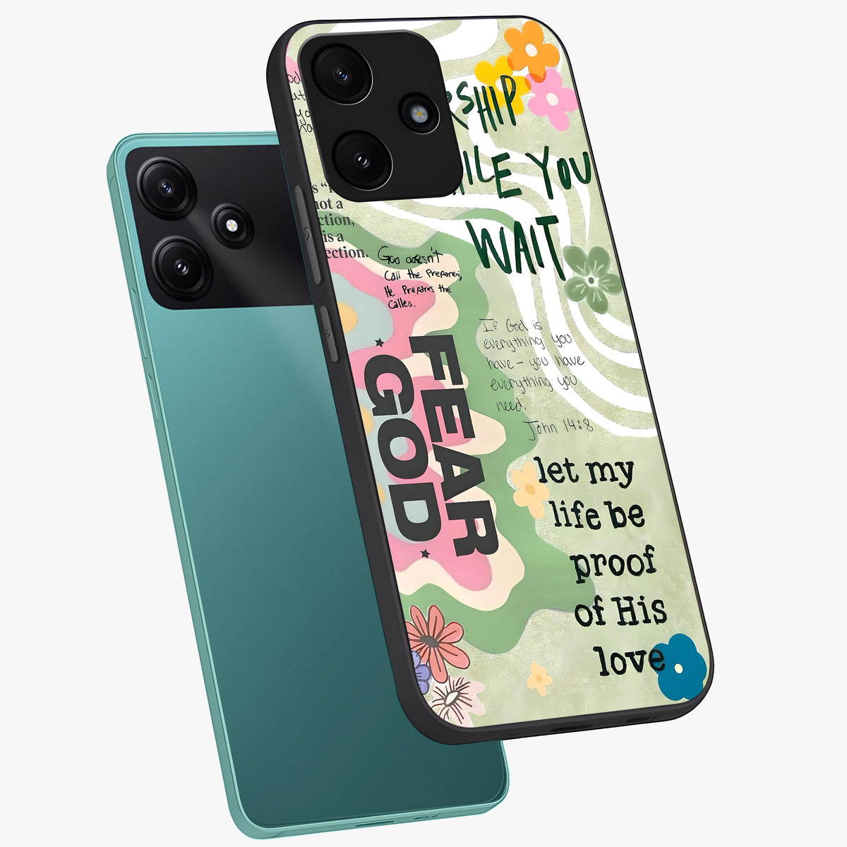 Faith Over Fear Glass Case displayed in angled mockup highlighting inspirational message design with modern aesthetic style.
