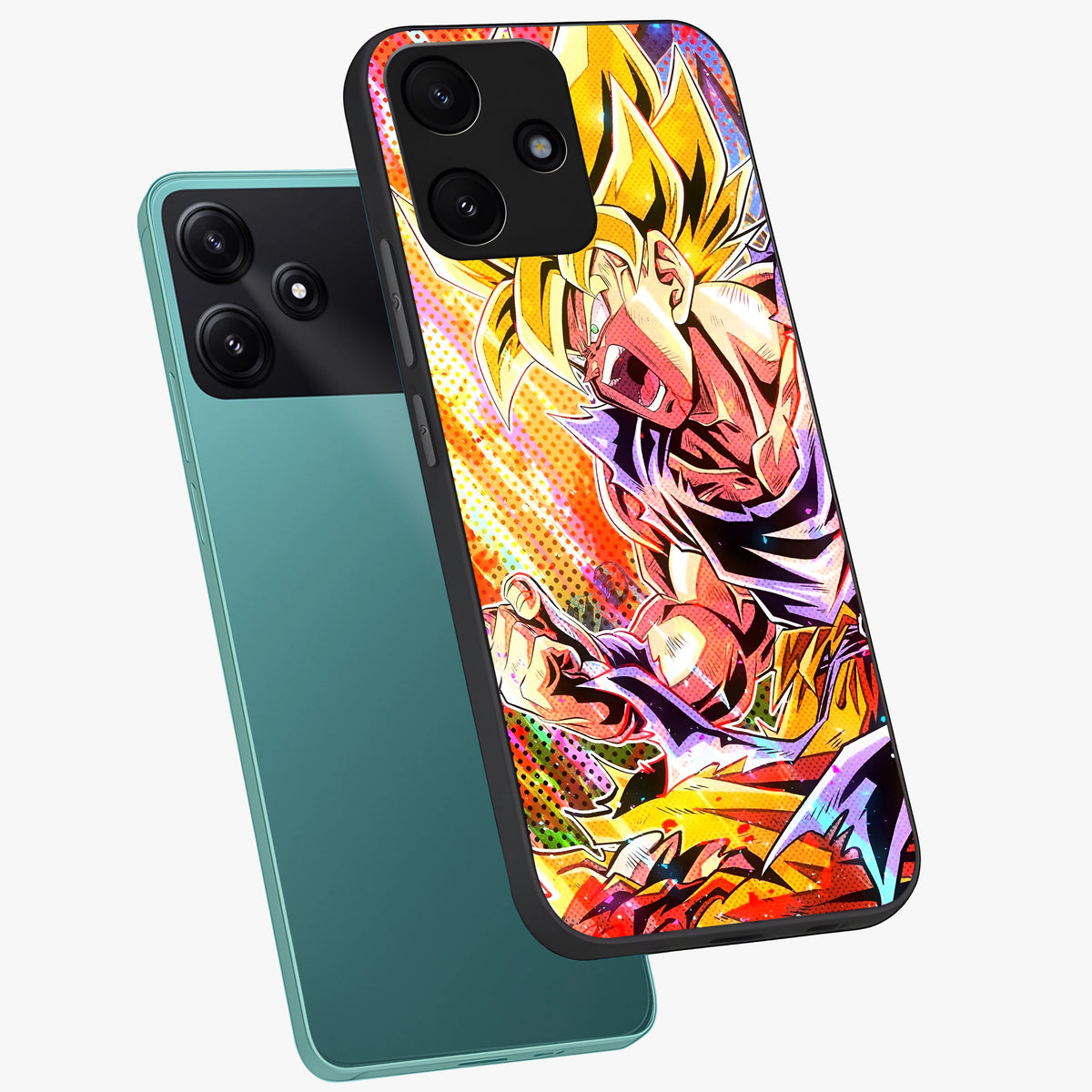 Firing Goku Glass Case displayed in angled mockup highlighting dynamic anime character design with action aesthetic.