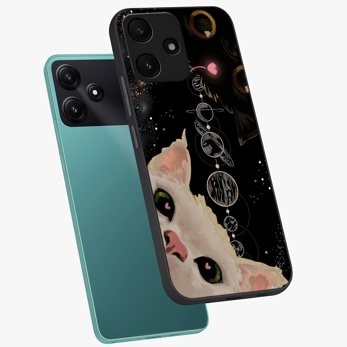 Galactic Cat Glass Case displayed in angled mockup highlighting celestial feline illustration with galaxy aesthetic style.