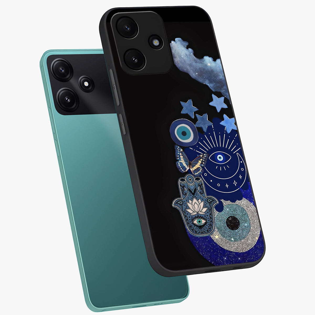 Galactic Charm Cluster Glass Case displayed in angled mockup highlighting luminous galaxy inspired design with dreamy aesthetic.