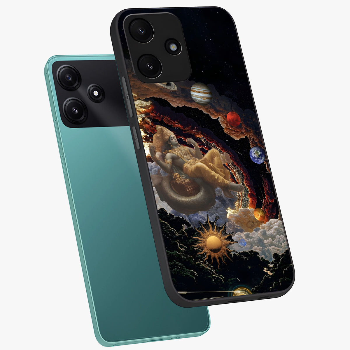 Galactic Divine God Glass Case displayed in angled mockup highlighting powerful celestial deity illustration with galactic aesthetic.