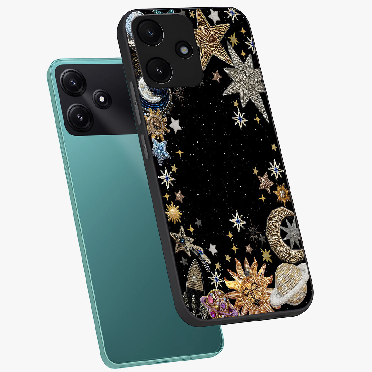 Galactic Jewel Stars Glass Case displayed in angled mockup highlighting shining celestial star design with cosmic aesthetic style.