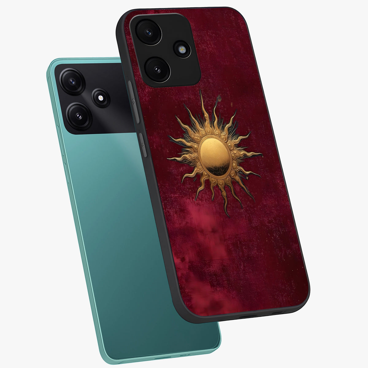 Golden Sun Minimalism Glass Case displayed in angled mockup highlighting clean sun symbol design with modern minimal aesthetic.