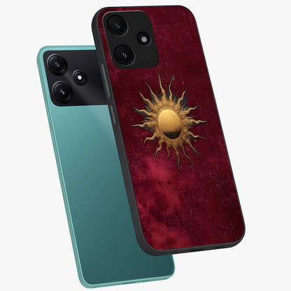 Golden Sun Minimalism Glass Case displayed in angled mockup highlighting clean sun symbol design with modern minimal aesthetic.