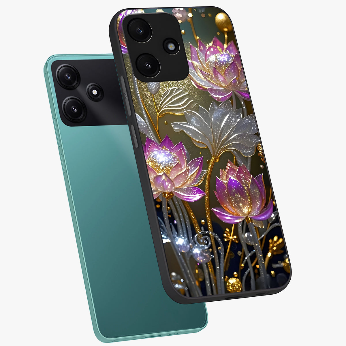 Golden Floral Majesty Glass Case displayed in angled mockup highlighting elegant flower design with royal golden aesthetic.