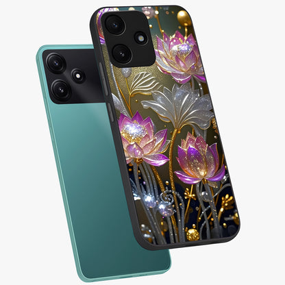 Golden Floral Majesty Glass Case displayed in angled mockup highlighting elegant flower design with royal golden aesthetic.