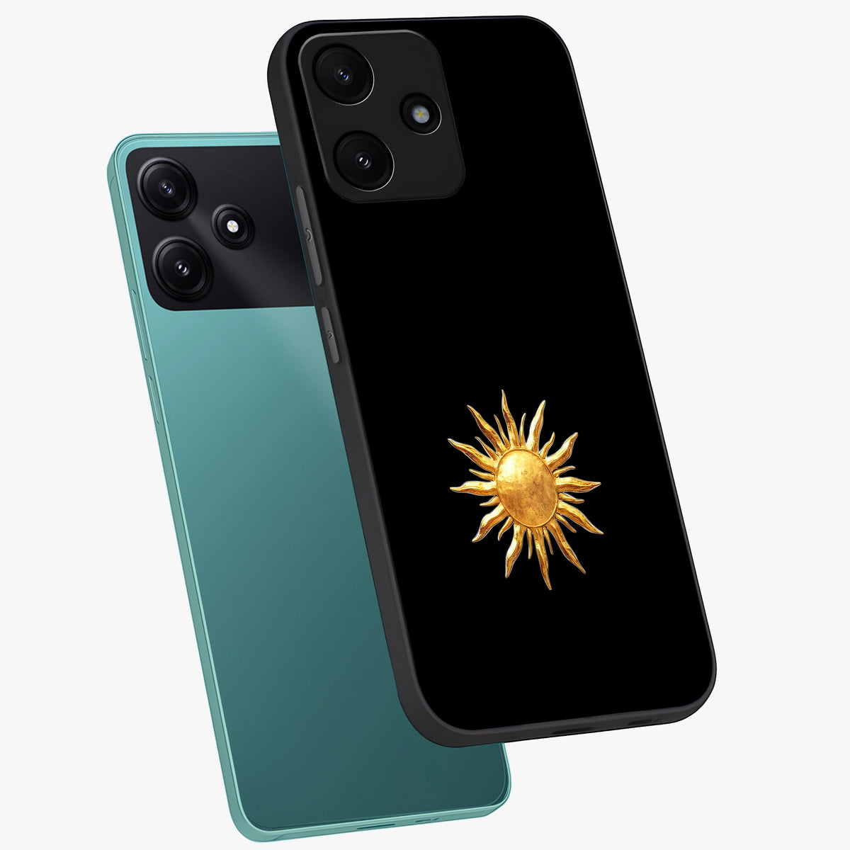 Golden Sun Minimalism Glass Case displayed in angled mockup highlighting eerie shadow illustration with gothic aesthetic.