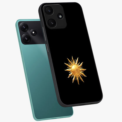 Golden Sun Minimalism Glass Case displayed in angled mockup highlighting eerie shadow illustration with gothic aesthetic.