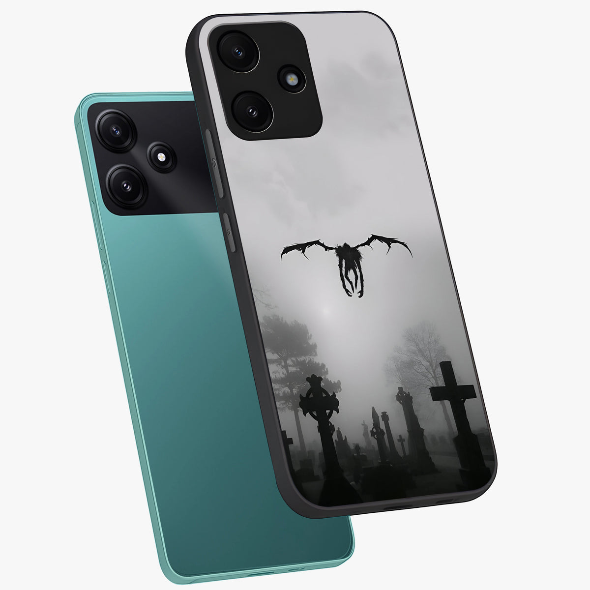 Graveyard Shadow Descent Glass Case displayed in angled mockup highlighting eerie shadow illustration with gothic aesthetic.