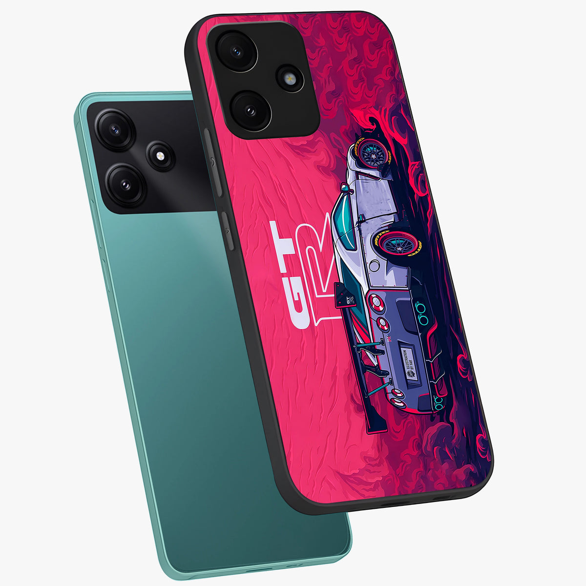 GT-R Car Pattern Glass Case displayed in angled mockup highlighting racing car graphic design with bold automotive aesthetic.