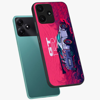 GT-R Car Pattern Glass Case displayed in angled mockup highlighting racing car graphic design with bold automotive aesthetic.
