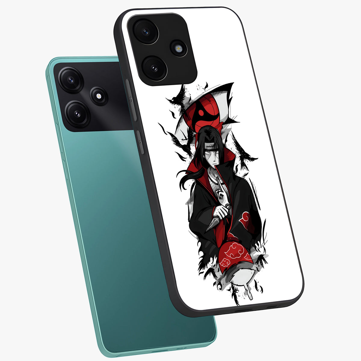 Itachi Limited Edition Naruto Anime Glass Case displayed in angled mockup highlighting dramatic anime illustration with bold action aesthetic.