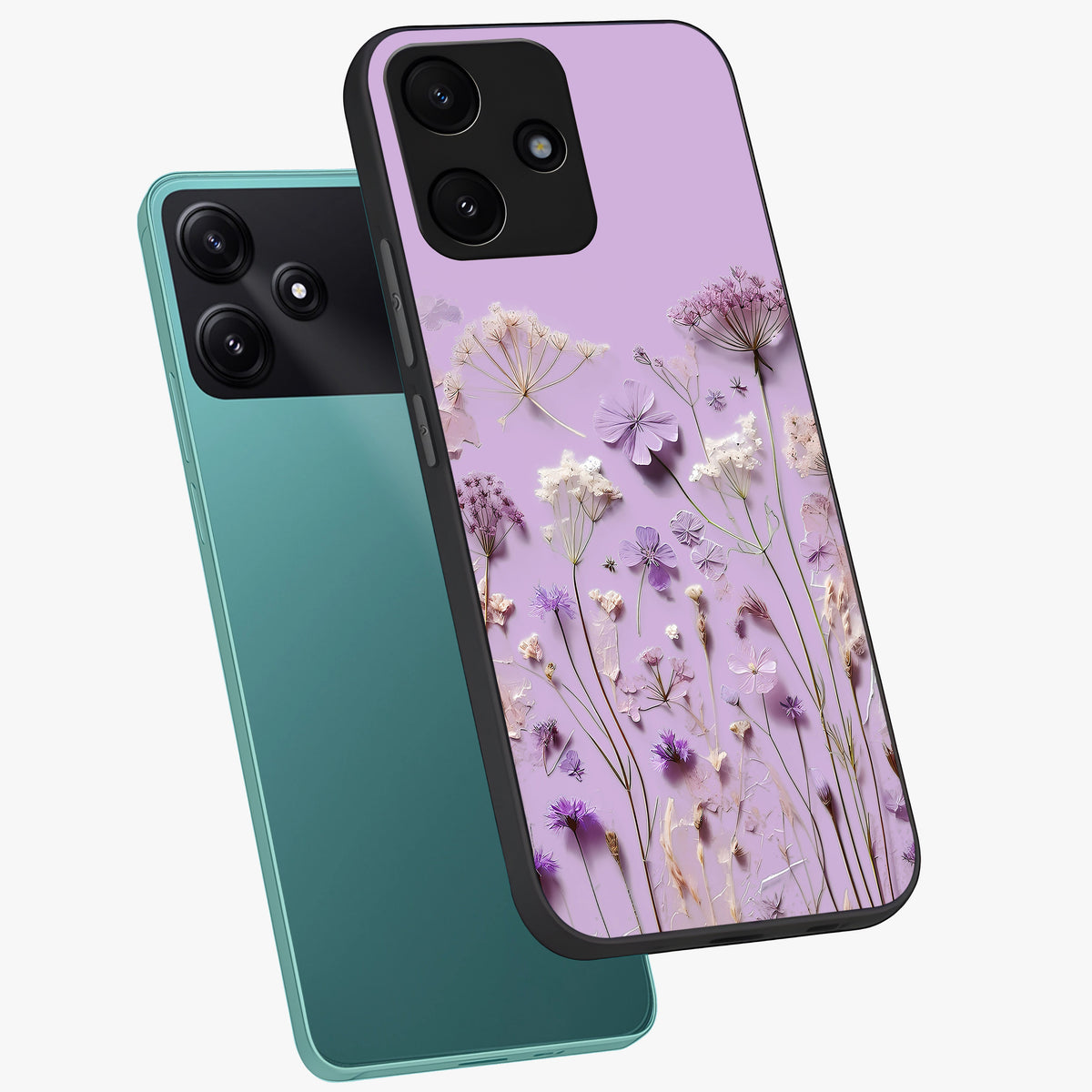 Lavender Blossom Dream Glass Case displayed in angled mockup highlighting dreamy lavender flower design with calming aesthetic style.