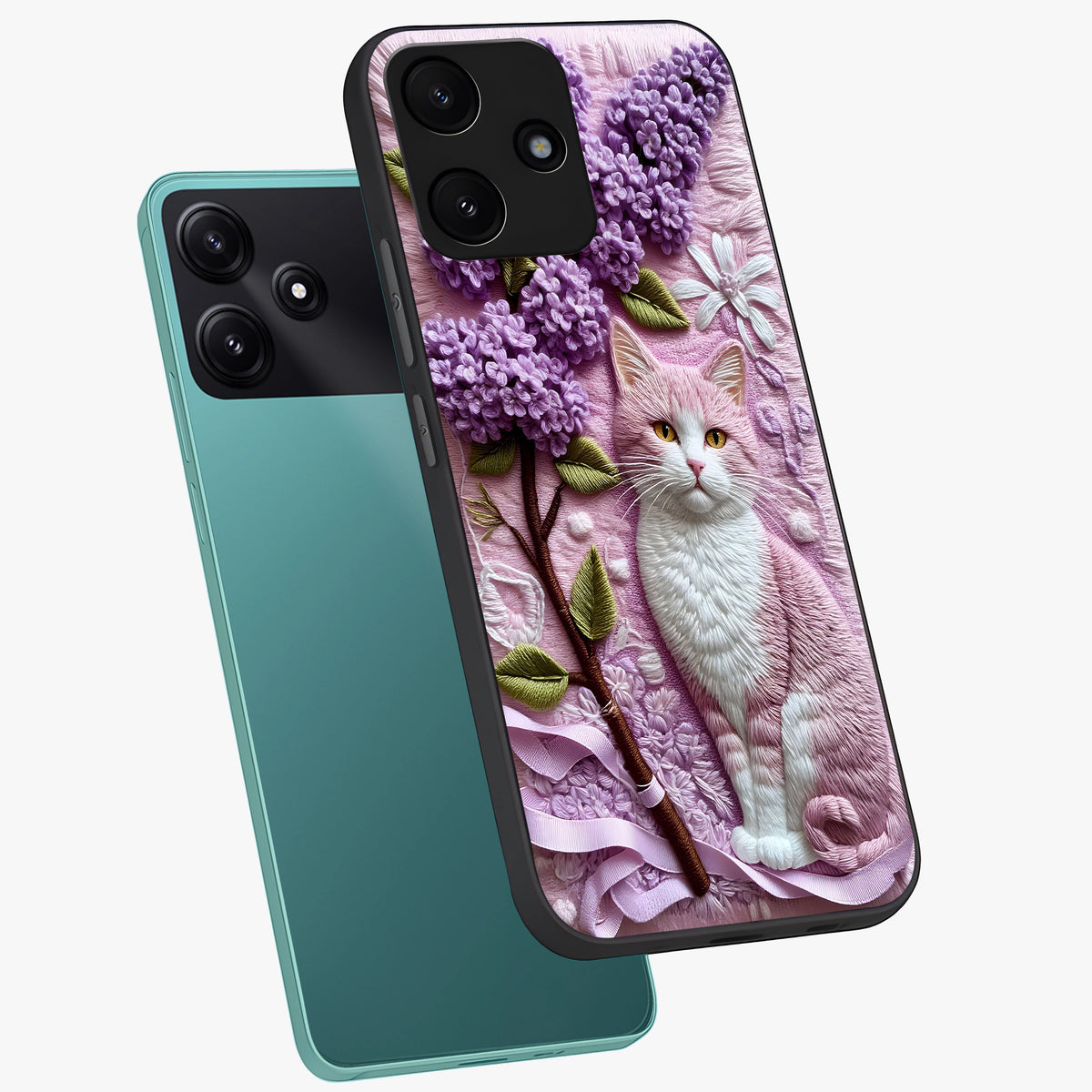 Lavender Cat Whimsy Glass Case displayed in angled mockup highlighting playful feline illustration with pastel lavender aesthetic.