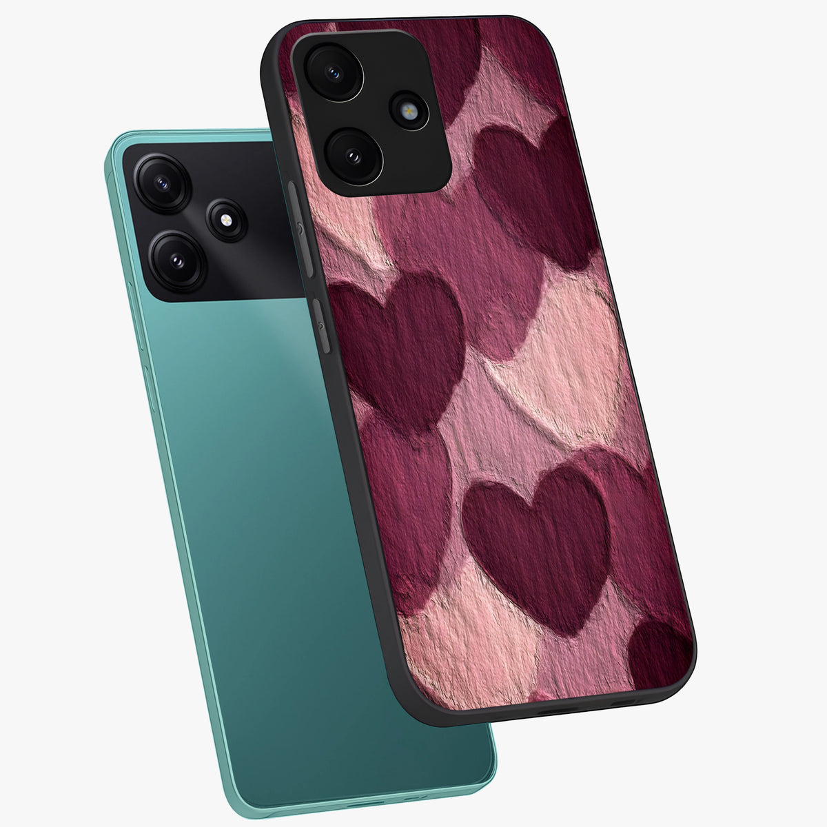 Layered Paper Hearts Glass Case displayed in angled mockup highlighting creative paper craft heart design with romantic aesthetic.