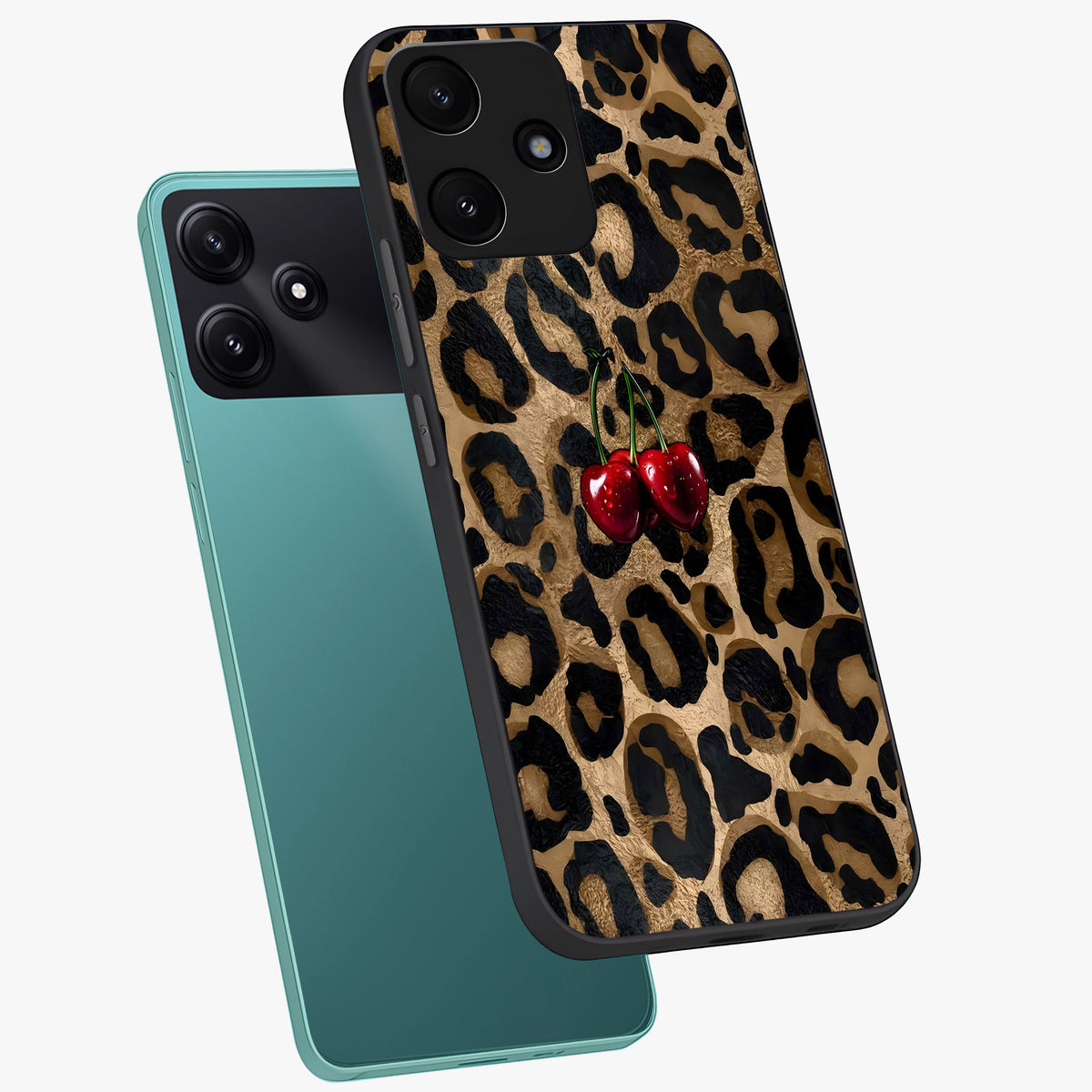 Leopard Wild Cherry Glass Case displayed in angled mockup highlighting bold animal print design with playful cherry aesthetic.
