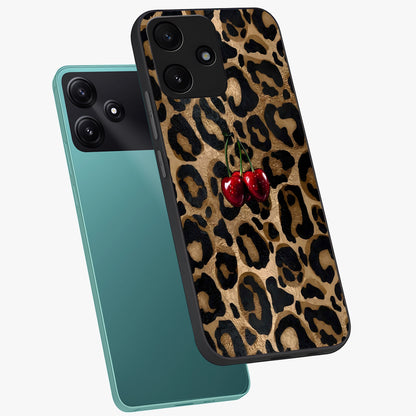 Leopard Wild Cherry Glass Case displayed in angled mockup highlighting bold animal print design with playful cherry aesthetic.