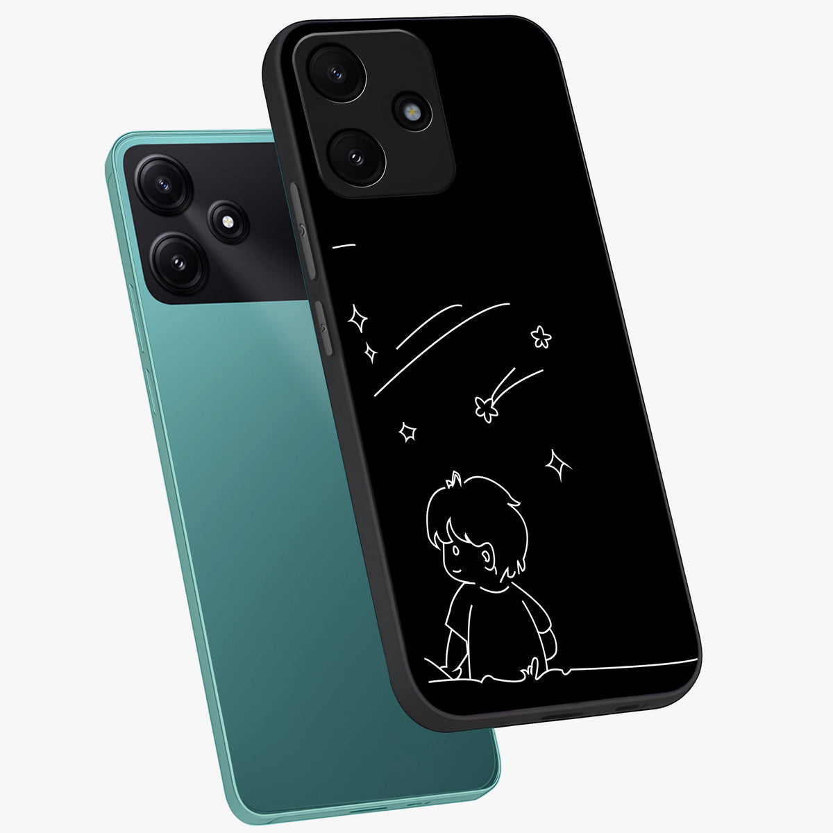 Line Art Boy With Shooting Stars Glass Case displayed in angled mockup highlighting elegant line art design with dreamy star aesthetic.