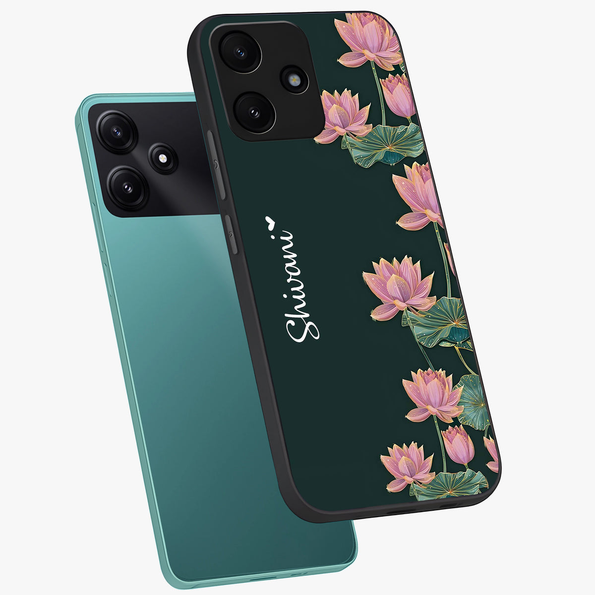 Lotus Bloom Serenity Custom Name Glass Case displayed in angled mockup highlighting graceful lotus illustration with custom name feature.