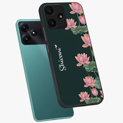 Lotus Bloom Serenity Custom Name Glass Case displayed in angled mockup highlighting graceful lotus illustration with custom name feature.