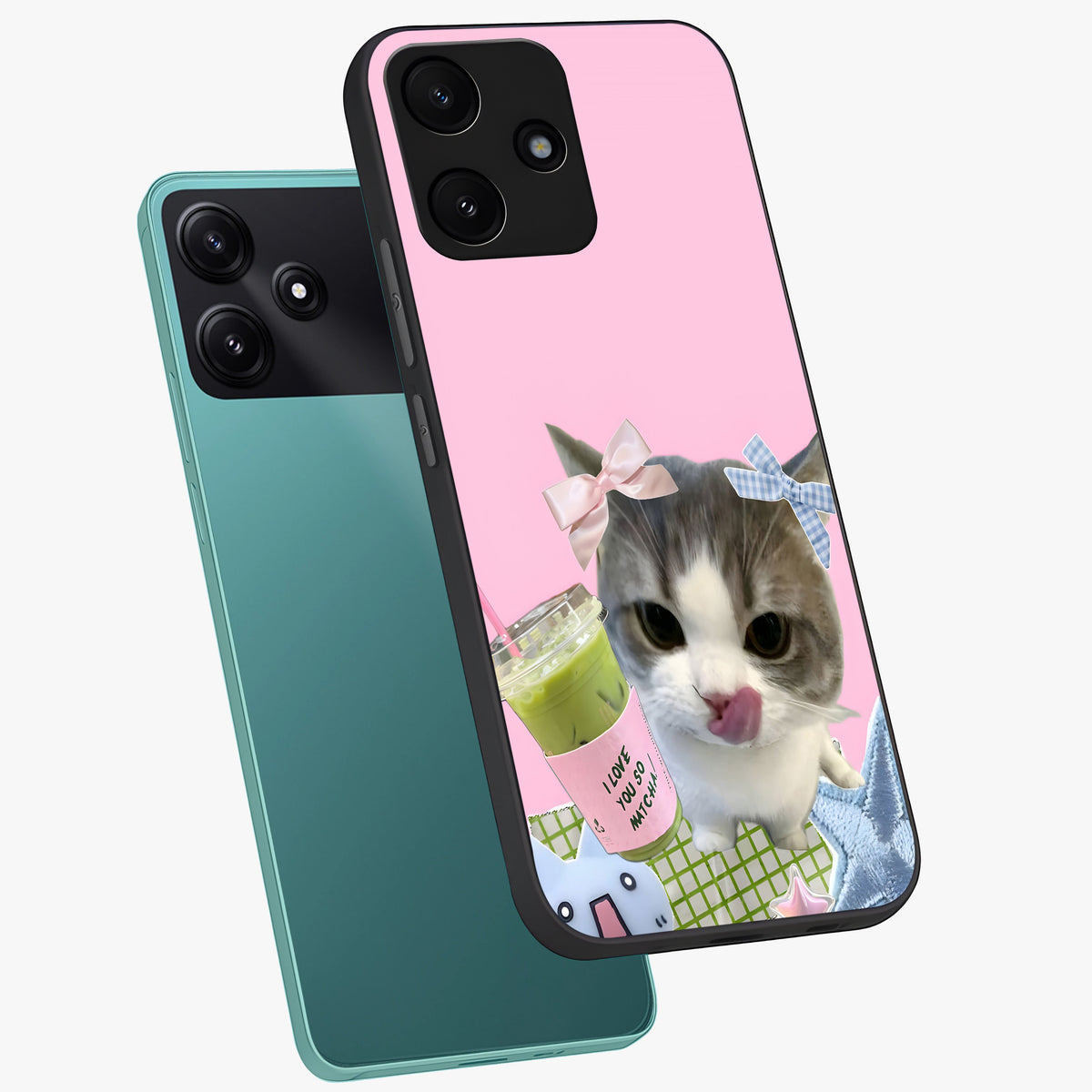 Love Matcha Cat Glass Case displayed in angled mockup highlighting playful feline illustration with cozy matcha aesthetic.