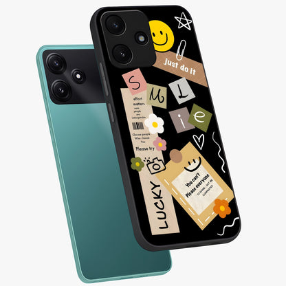 Lucky Aesthetic Collage Glass Case displayed in angled mockup highlighting stylish collage pattern with modern aesthetic vibe.