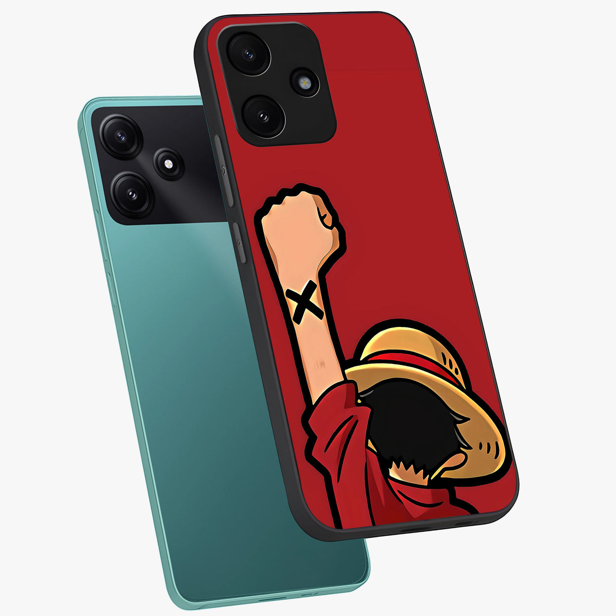 Luffy X Spirit Glass Case displayed in angled mockup highlighting powerful anime design with energetic action aesthetic.