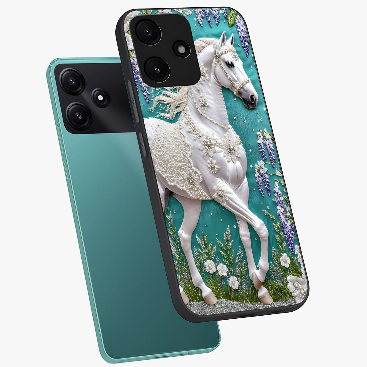 Majestic Floral Stallion Glass Case displayed in angled mockup highlighting majestic stallion illustration with elegant floral aesthetic.