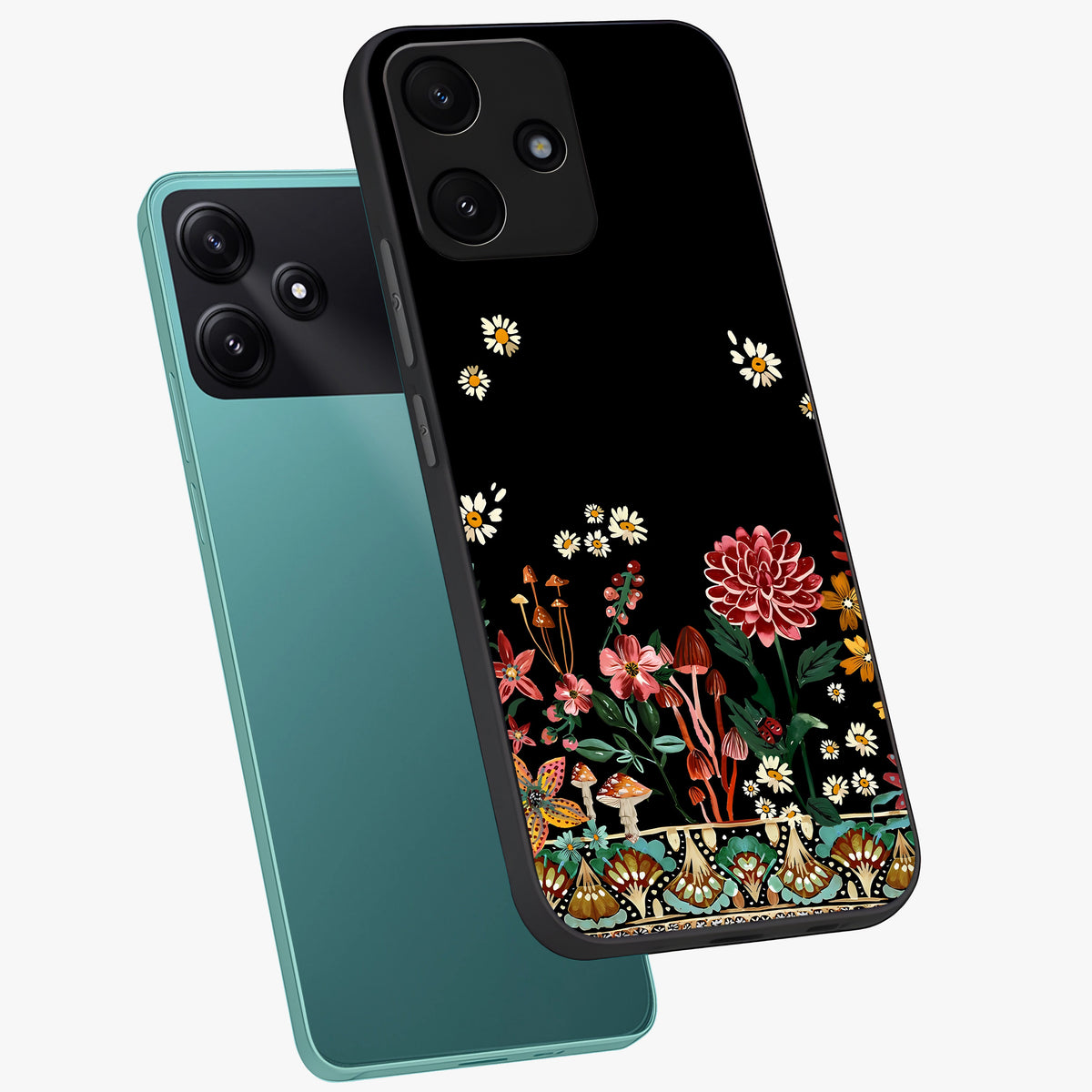 Midnight Bloom Pattern Glass Case displayed in angled mockup highlighting elegant flower design with midnight aesthetic style.