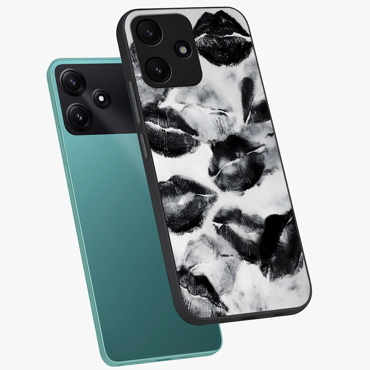 Midnight Kiss Marks Glass Case displayed in angled mockup highlighting playful romantic design with bold midnight aesthetic.