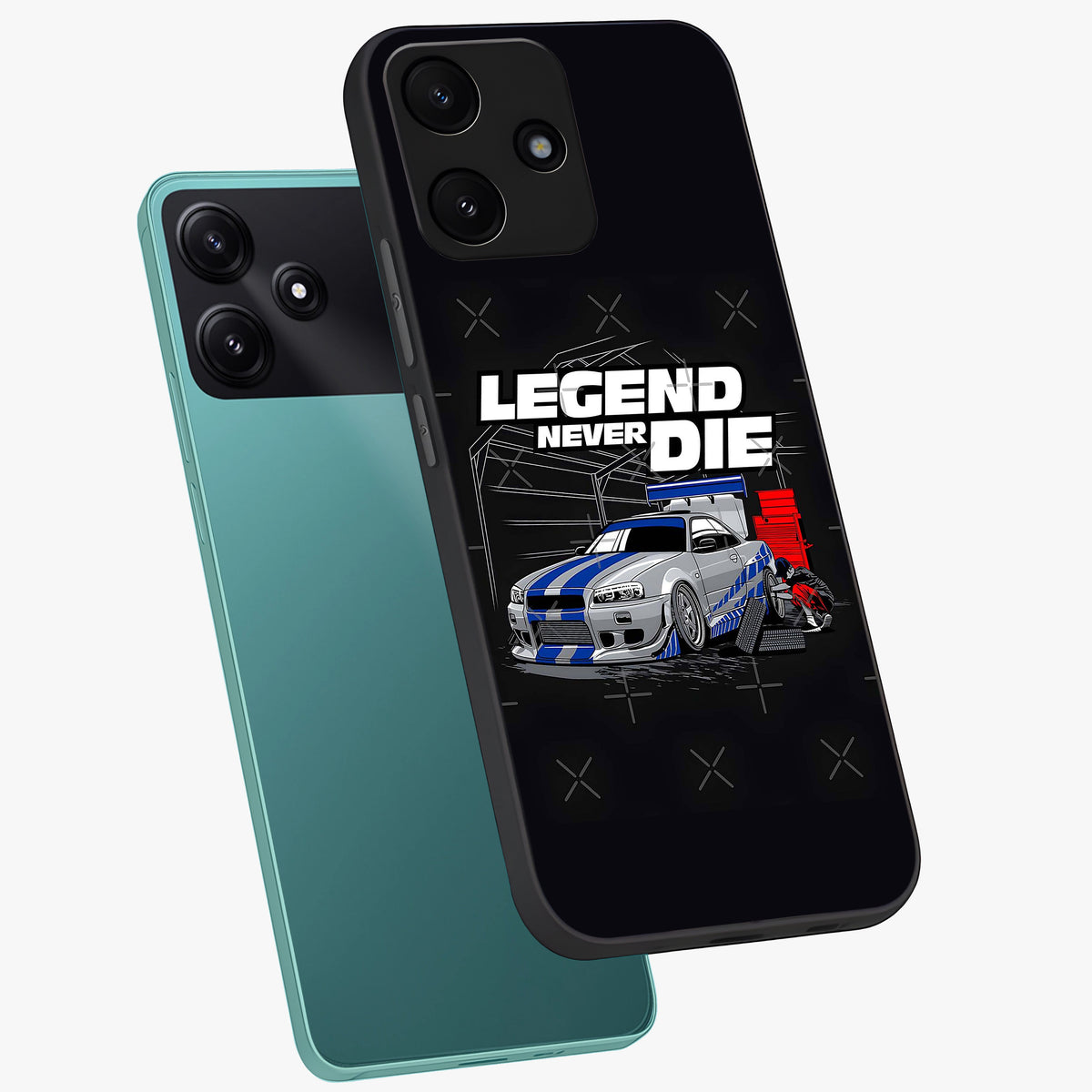 Midnight Racing Legacy Glass Case displayed in angled mockup highlighting dynamic automotive design with bold midnight aesthetic.