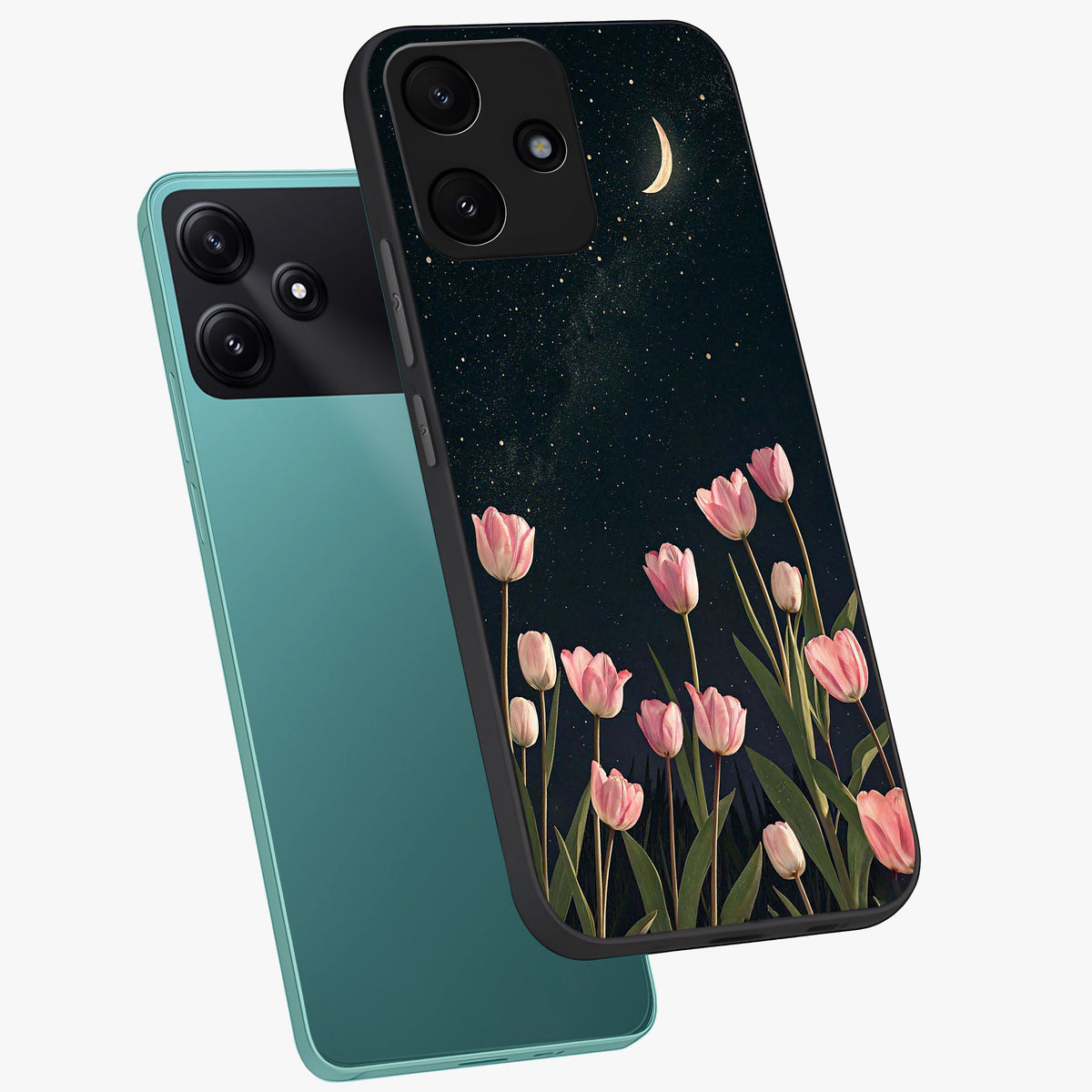 Midnight Tulip Whispers Vibe Glass Case displayed in angled mockup highlighting delicate tulip design with midnight floral aesthetic.