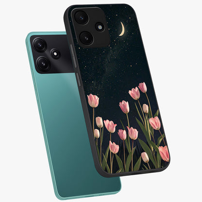 Midnight Tulip Whispers Vibe Glass Case displayed in angled mockup highlighting delicate tulip design with midnight floral aesthetic.