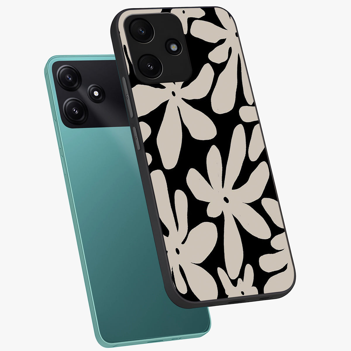 Monochrome Petal Dance Glass Case displayed in angled mockup highlighting elegant petal design with black and white aesthetic.