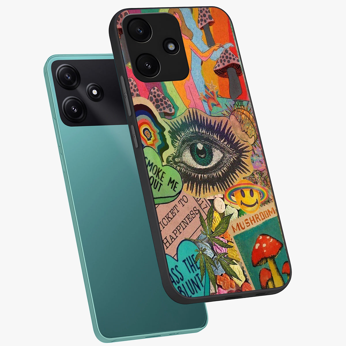 Mystic Eye Wonderland Glass Case displayed in angled mockup highlighting magical eye illustration with dreamy aesthetic.