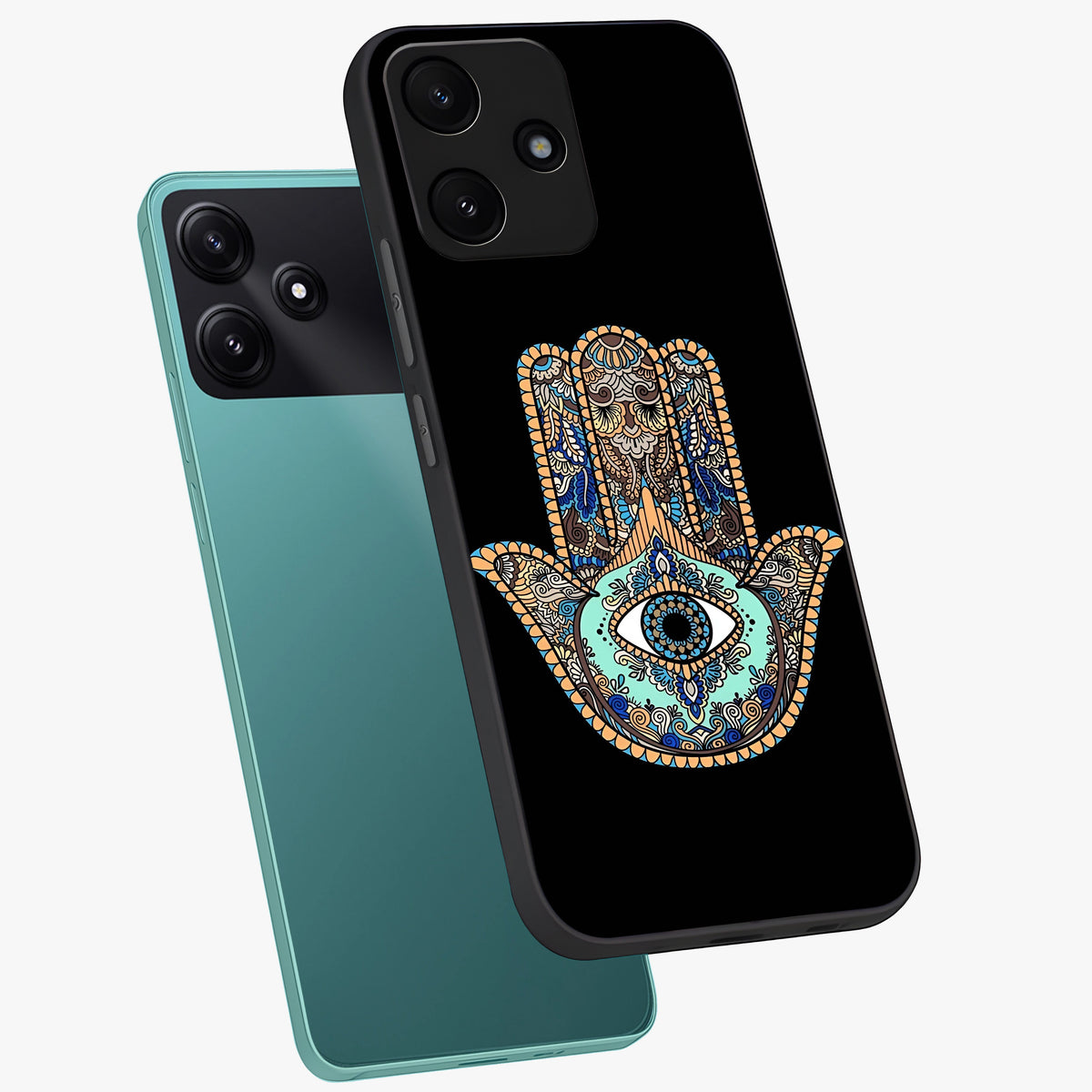 Mystic Hamsa Eye Glass Case displayed in angled mockup highlighting spiritual hamsa symbol with mystical aesthetic style.