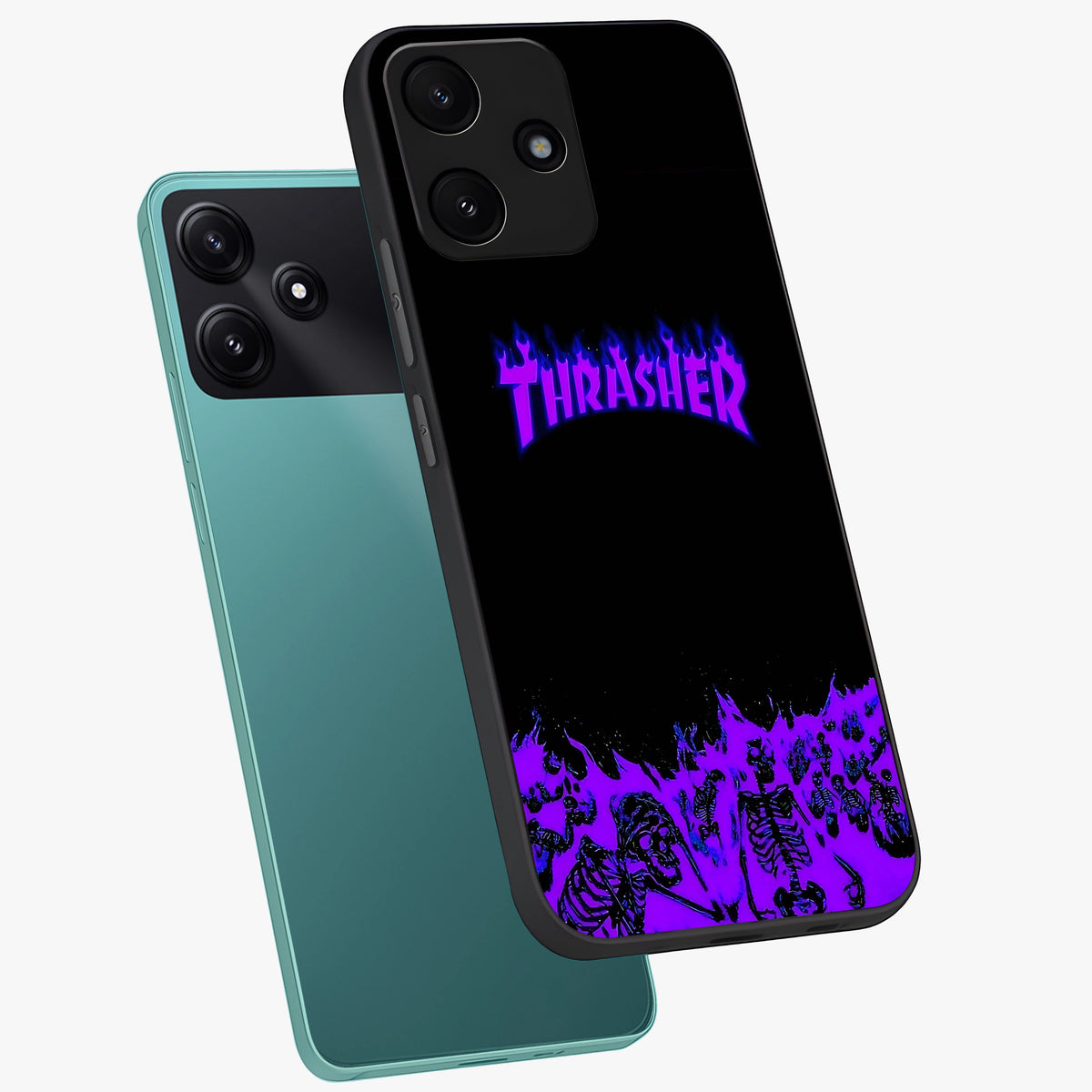 Neon Flame Riot Glass Case displayed in angled mockup highlighting glowing flame design with vibrant neon aesthetic.