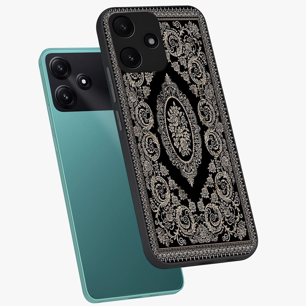 Noir Bloom Elegance Glass Case displayed in angled mockup highlighting refined flower design with stylish noir aesthetic.